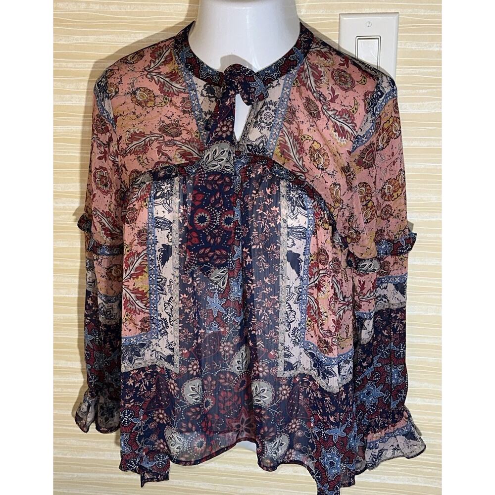 Knox Rose Women's Patchwork Peasant Key hole Blouse M 0638